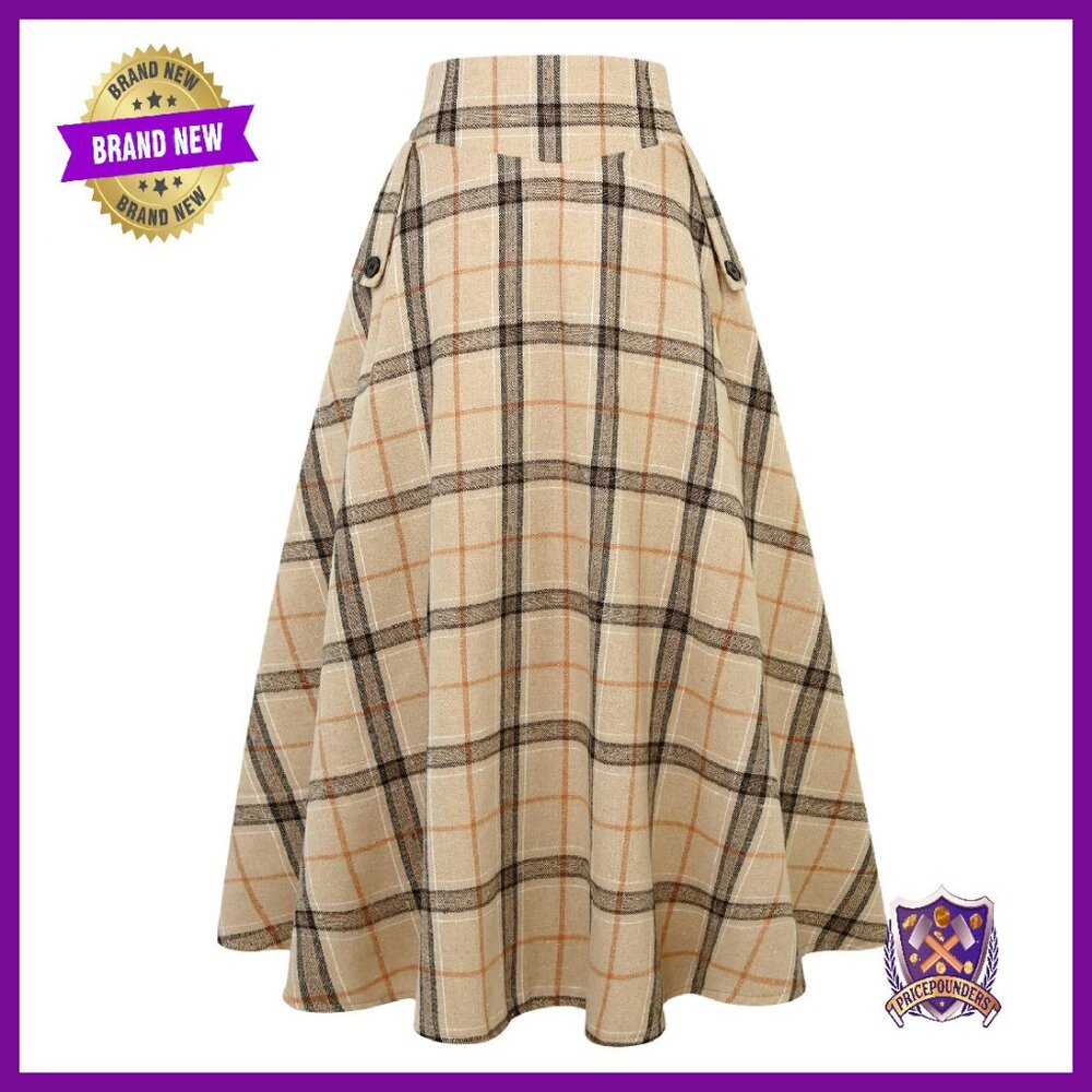 High Waisted Plaid Maxi Skirt With Pockets, Cotton Blend, A-Line